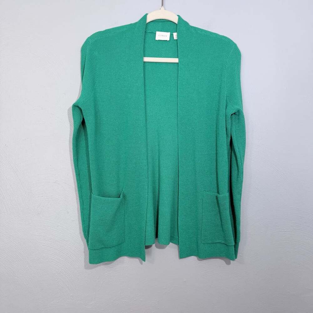Cyrus Kelly Green Waffle Knit Open Front Cardigan Sweater with Pockets XS